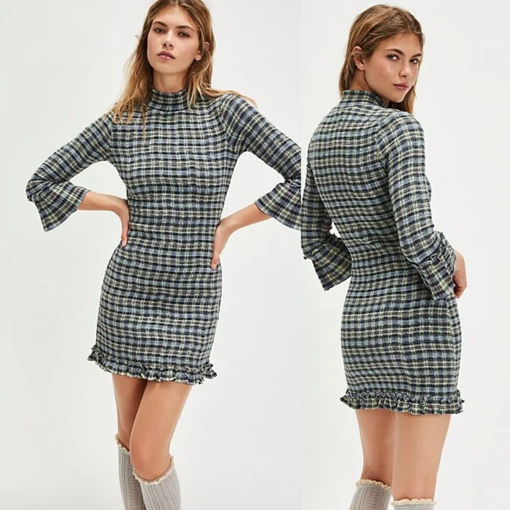 NEW Free People Autumn Chill Plaid Mini Dress Smocked Light Sage Combo Blue